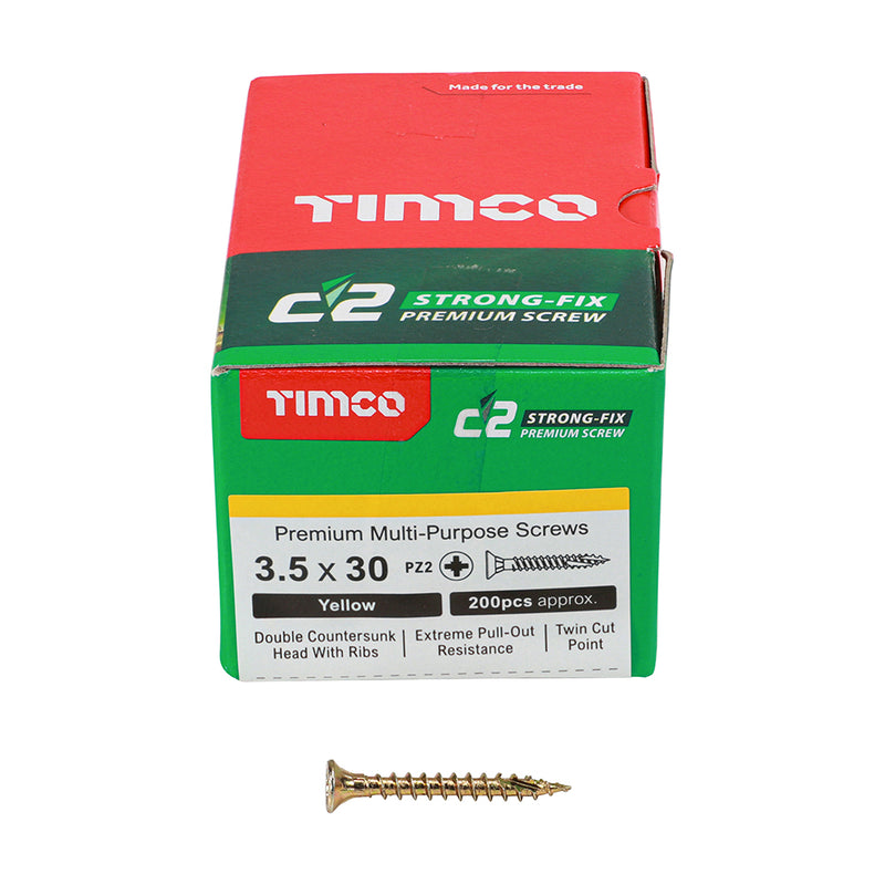 C2 Strong-Fix PZ2 CSK ZYP 3.5 x 30 - 200 P 200 PCS - Box 35030C2, TIMCO, C2, STRONGFIX, MULTIPURPOSE, PREMIUM, COUNTERSUNK, GOLD, WOODSCREWS, 3.5, X, 30A, PREMIUM, MULTIMATERIAL, SCREW, C2, TWINCUT, TECHNOLOGY, DUAL, ANGLE, FULL