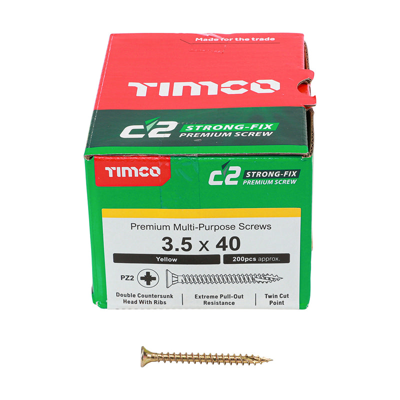 C2 Strong-Fix PZ2 CSK ZYP 3.5 x 40 - 200 P 200 PCS - Box 35040C2, TIMCO, C2, STRONGFIX, MULTIPURPOSE, PREMIUM, COUNTERSUNK, GOLD, WOODSCREWS, 3.5, X, 40A, PREMIUM, MULTIMATERIAL, SCREW, C2, TWINCUT, TECHNOLOGY, DUAL, ANGLE, FULL