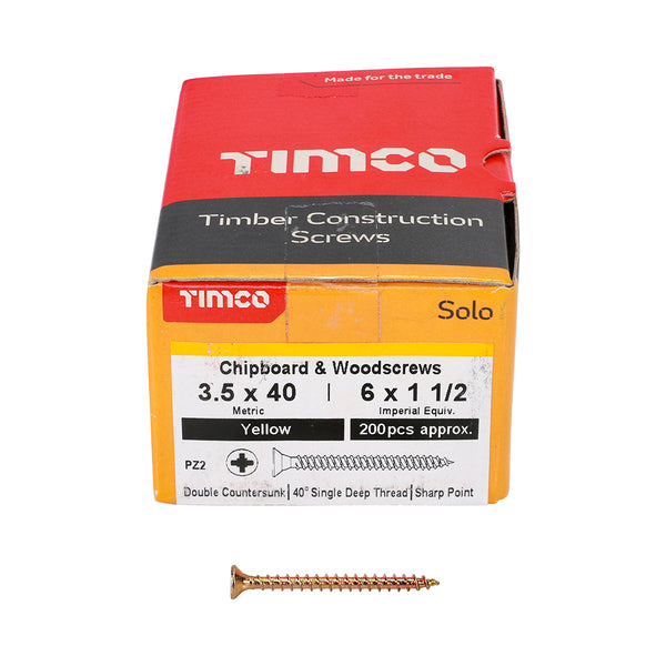 Solo Woodscrew PZ2 CSK ZYP 3.5 x 40 - 200 200 PCS - Box 35040SOLOC, TIMCO, SOLO, COUNTERSUNK, GOLD, WOODSCREWS, 3.5, X, 40A, SINGLE, THREAD, WOODSCREW, MAINLY, USED, VARIOUS, TYPES, TIMBER, MANMADE, BOARDS, MASONRY, USE