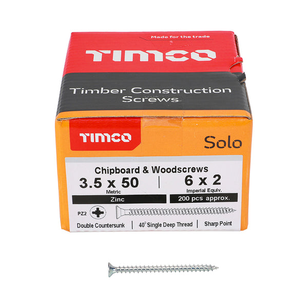 Solo Woodscrew PZ2 CSK Zinc 3.5 x 50 - 200 200 PCS - Box 35050SOLOZ, TIMCO, SOLO, COUNTERSUNK, SILVER, WOODSCREWS, 3.5, X, 50A, SINGLE, THREAD, WOODSCREW, MAINLY, USED, VARIOUS, TYPES, TIMBER, MANMADE, BOARDS, MASONRY, USE