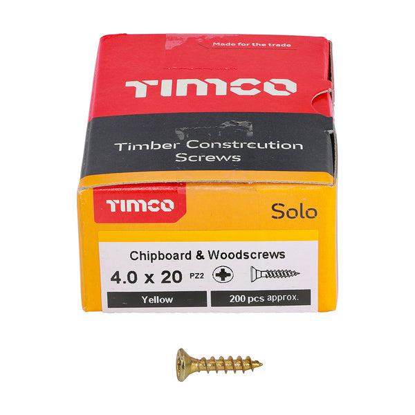 Solo Woodscrew PZ2 CSK ZYP 4.0 x 20 - 200 200 PCS - Box 40020SOLOC, TIMCO, SOLO, COUNTERSUNK, GOLD, WOODSCREWS, 4.0, X, 20A, SINGLE, THREAD, WOODSCREW, MAINLY, USED, VARIOUS, TYPES, TIMBER, MANMADE, BOARDS, MASONRY, USE