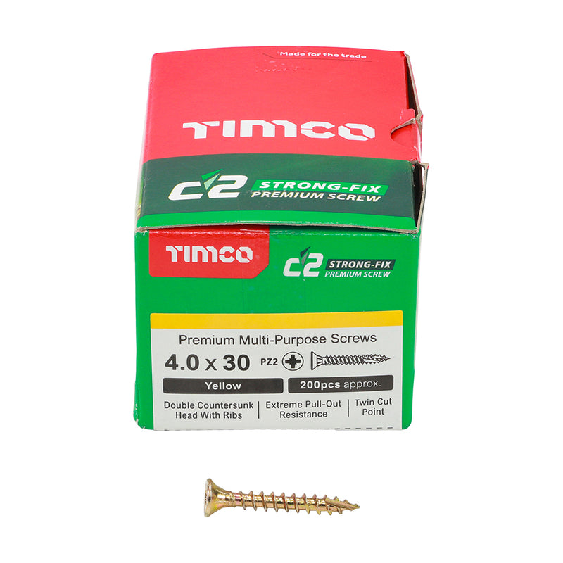 C2 Strong-Fix PZ2 CSK ZYP 4.0 x 30 - 200 P 200 PCS - Box 40030C2, TIMCO, C2, STRONGFIX, MULTIPURPOSE, PREMIUM, COUNTERSUNK, GOLD, WOODSCREWS, 4.0, X, 30A, PREMIUM, MULTIMATERIAL, SCREW, C2, TWINCUT, TECHNOLOGY, DUAL, ANGLE, FULL