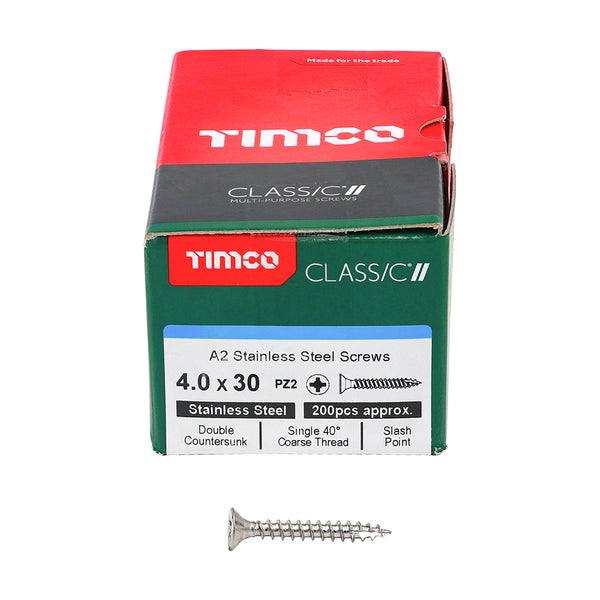Classic Screw PZ2 CSK A2 SS 4.0 x 30 - 200 200 PCS - Box 40030CLASS, TIMCO, CLASSIC, MULTIPURPOSE, COUNTERSUNK, A2, STAINLESS, STEEL, WOODCREWS, 4.0, X, 30ALL, SUPERIOR, PERFORMANCE, CLASSIC, MULTIPURPOSE, SCREW, MANUFACTURED, A2, STAINLESS