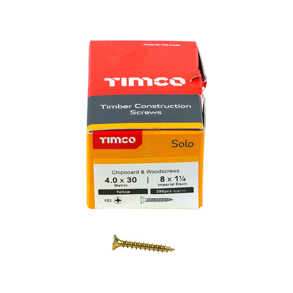 Solo Woodscrew PZ2 CSK ZYP 4.0 x 30 - 200 200 PCS - Box 40030SOLOC, TIMCO, SOLO, COUNTERSUNK, GOLD, WOODSCREWS, 4.0, X, 30A, SINGLE, THREAD, WOODSCREW, MAINLY, USED, VARIOUS, TYPES, TIMBER, MANMADE, BOARDS, MASONRY, USE
