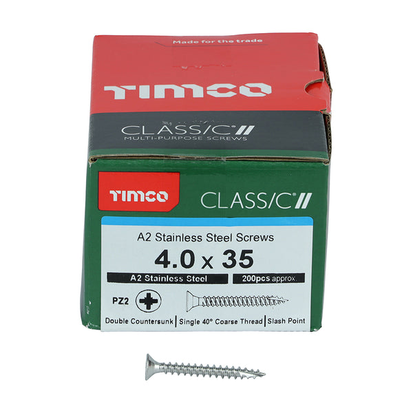 Classic Screw PZ2 CSK A2 SS 4.0 x 35 - 200 200 PCS - Box 40035CLASS, TIMCO, CLASSIC, MULTIPURPOSE, COUNTERSUNK, A2, STAINLESS, STEEL, WOODCREWS, 4.0, X, 35ALL, SUPERIOR, PERFORMANCE, CLASSIC, MULTIPURPOSE, SCREW, MANUFACTURED, A2, STAINLESS
