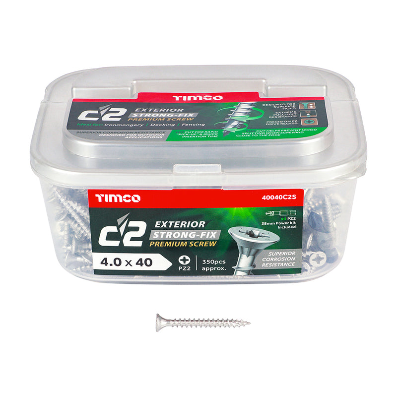 C2 Strong-Fix Exterior PZ2 CSK 4.0 x 40 - 350 PCS - Tub 40040C2S, TIMCO, C2, EXTERIOR, MULTIPURPOSE, PREMIUM, COUNTERSUNK, SILVER, WOODSCREWS, 4.0, X, 40ALL, SUPERIOR, PERFORMANCE, C2, SCREW, COMPLETE, ORGANIC, PLATING, OPTIMAL, CORROSION