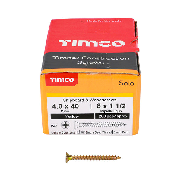 Solo Woodscrew PZ2 CSK ZYP 4.0 x 40 - 200 200 PCS - Box 40040SOLOC, TIMCO, SOLO, COUNTERSUNK, GOLD, WOODSCREWS, 4.0, X, 40A, SINGLE, THREAD, WOODSCREW, MAINLY, USED, VARIOUS, TYPES, TIMBER, MANMADE, BOARDS, MASONRY, USE