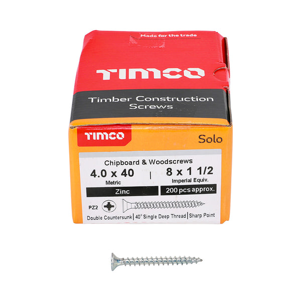 Solo Woodscrew PZ2 CSK Zinc 4.0 x 40 - 200 200 PCS - Box 40040SOLOZ, TIMCO, SOLO, COUNTERSUNK, SILVER, WOODSCREWS, 4.0, X, 40A, SINGLE, THREAD, WOODSCREW, MAINLY, USED, VARIOUS, TYPES, TIMBER, MANMADE, BOARDS, MASONRY, USE