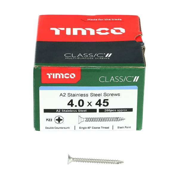 Classic Screw PZ2 CSK A2 SS 4.0 x 45 - 200 200 PCS - Box 40045CLASS, TIMCO, CLASSIC, MULTIPURPOSE, COUNTERSUNK, A2, STAINLESS, STEEL, WOODCREWS, 4.0, X, 45ALL, SUPERIOR, PERFORMANCE, CLASSIC, MULTIPURPOSE, SCREW, MANUFACTURED, A2, STAINLESS