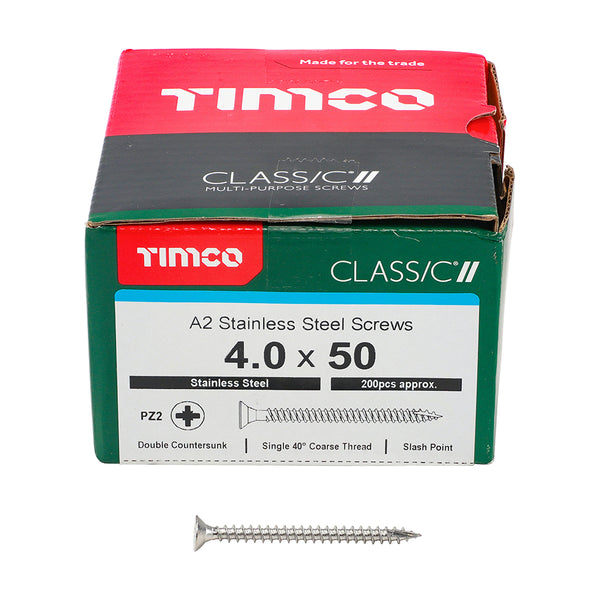 Classic Screw PZ2 CSK A2 SS 4.0 x 50 - 200 200 PCS - Box 40050CLASS, TIMCO, CLASSIC, MULTIPURPOSE, COUNTERSUNK, A2, STAINLESS, STEEL, WOODCREWS, 4.0, X, 50ALL, SUPERIOR, PERFORMANCE, CLASSIC, MULTIPURPOSE, SCREW, MANUFACTURED, A2, STAINLESS