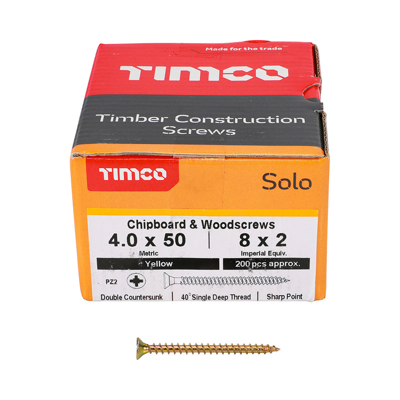 Solo Woodscrew PZ2 CSK ZYP 4.0 x 50 - 200 200 PCS - Box 40050SOLOC, TIMCO, SOLO, COUNTERSUNK, GOLD, WOODSCREWS, 4.0, X, 50A, SINGLE, THREAD, WOODSCREW, MAINLY, USED, VARIOUS, TYPES, TIMBER, MANMADE, BOARDS, MASONRY, USE