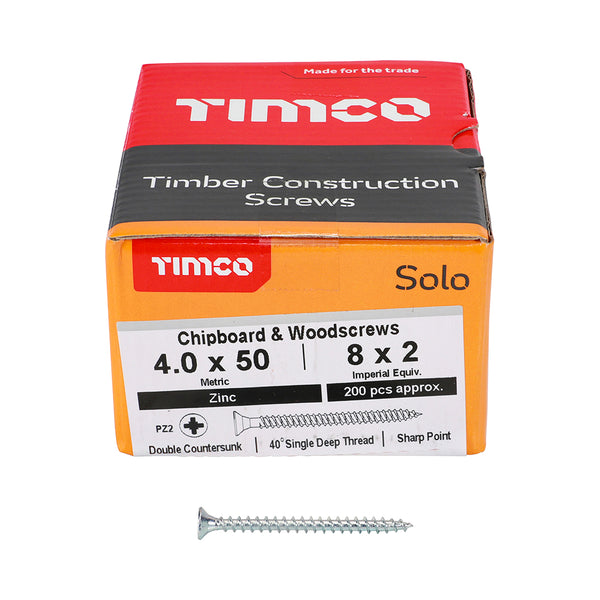 Solo Woodscrew PZ2 CSK Zinc 4.0 x 50 - 200 200 PCS - Box 40050SOLOZ, TIMCO, SOLO, COUNTERSUNK, SILVER, WOODSCREWS, 4.0, X, 50A, SINGLE, THREAD, WOODSCREW, MAINLY, USED, VARIOUS, TYPES, TIMBER, MANMADE, BOARDS, MASONRY, USE