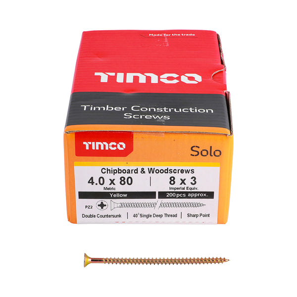 Solo Woodscrew PZ2 CSK ZYP 4.0 x 80 - 200 200 PCS - Box 40080SOLOC, TIMCO, SOLO, COUNTERSUNK, GOLD, WOODSCREWS, 4.0, X, 80A, SINGLE, THREAD, WOODSCREW, MAINLY, USED, VARIOUS, TYPES, TIMBER, MANMADE, BOARDS, OR, MASONRY