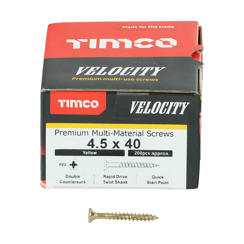 Velocity Screw PZ2 CSK ZYP 4.5 x 40 - 200 200 PCS - Box 45040VY, TIMCO, VELOCITY, PREMIUM, MULTIUSE, COUNTERSUNK, GOLD, WOODSCREWS, 4.5, X, 40THE, UNIQUE, PATENTED, VELOCITY, SCREW, SPECIFICALLY, DESIGNED, GIVE, RAPID, INSTALLATION