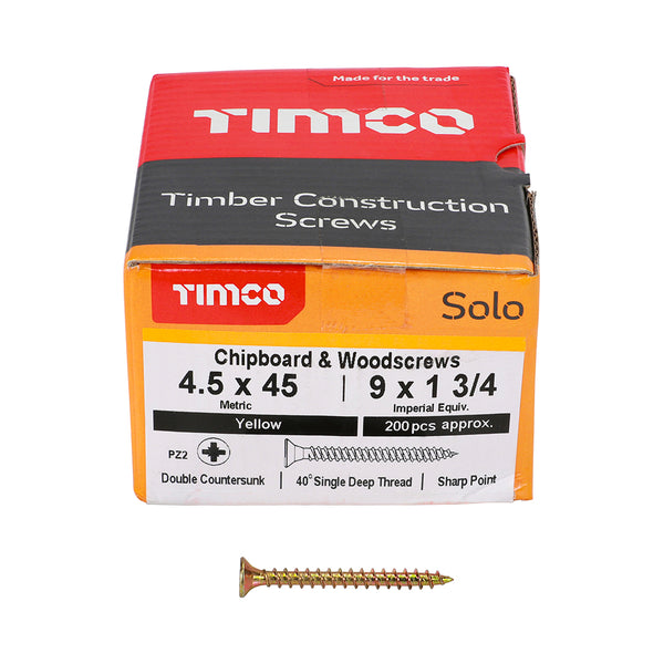 Solo Woodscrew PZ2 CSK ZYP 4.5 x 45 - 200 200 PCS - Box 45045SOLOC, TIMCO, SOLO, COUNTERSUNK, GOLD, WOODSCREWS, 4.5, X, 45A, SINGLE, THREAD, WOODSCREW, MAINLY, USED, VARIOUS, TYPES, TIMBER, MANMADE, BOARDS, MASONRY, USE