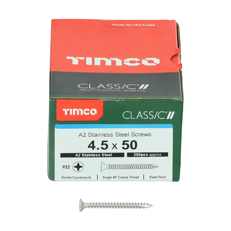 Classic Screw PZ2 CSK A2 SS 4.5 x 50 - 200 200 PCS - Box 45050CLASS, TIMCO, CLASSIC, MULTIPURPOSE, COUNTERSUNK, A2, STAINLESS, STEEL, WOODCREWS, 4.5, X, 50ALL, SUPERIOR, PERFORMANCE, CLASSIC, MULTIPURPOSE, SCREW, MANUFACTURED, A2, STAINLESS