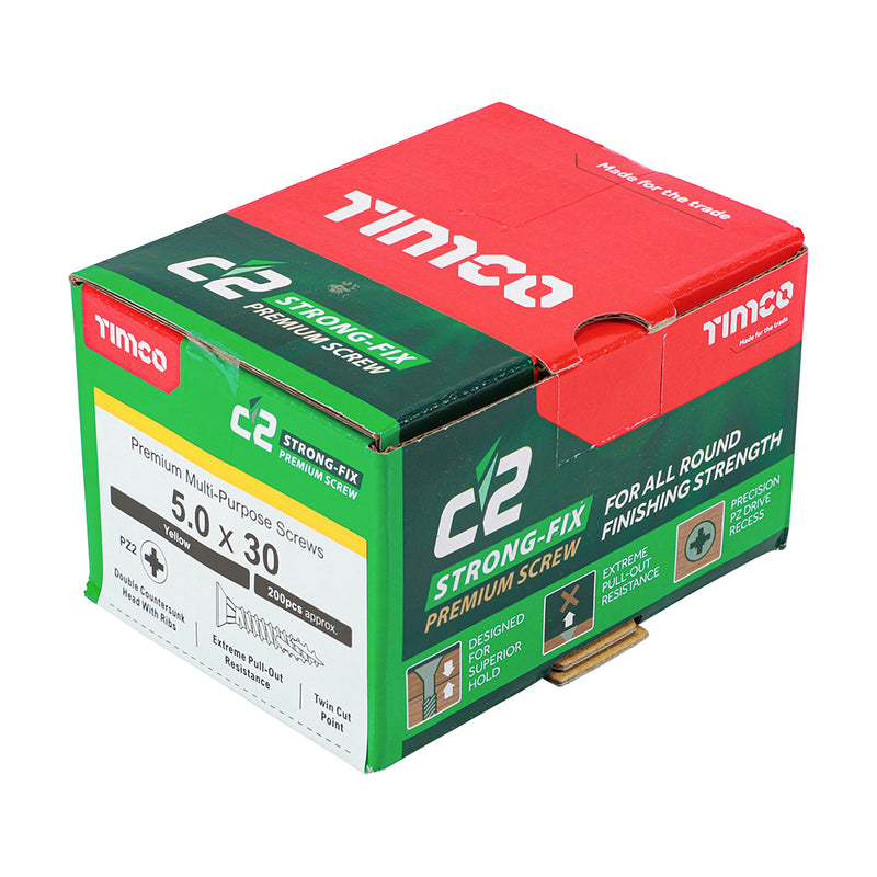 C2 Strong-Fix PZ2 CSK ZYP 5.0 x 30 - 200 P 200 PCS - Box 50030C2, TIMCO, C2, STRONGFIX, MULTIPURPOSE, PREMIUM, COUNTERSUNK, GOLD, WOODSCREWS, 5.0, X, 30A, PREMIUM, MULTIMATERIAL, SCREW, C2, TWINCUT, TECHNOLOGY, DUAL, ANGLE, FULL