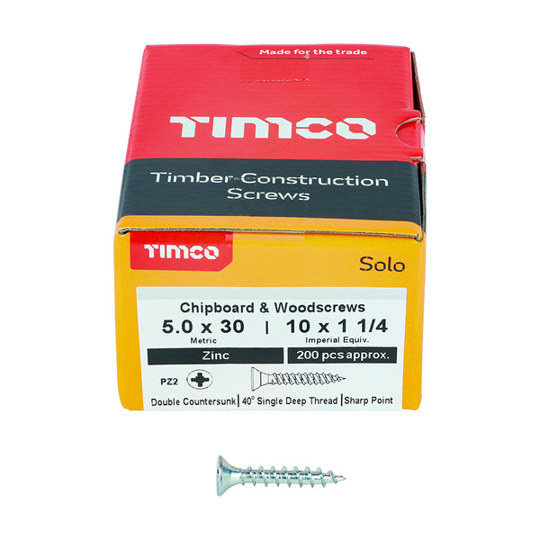 Solo Woodscrew PZ2 CSK Zinc 5.0 x 30 - 200 200 PCS - Box 50030SOLOZ, TIMCO, SOLO, COUNTERSUNK, SILVER, WOODSCREWS, 5.0, X, 30A, SINGLE, THREAD, WOODSCREW, MAINLY, USED, VARIOUS, TYPES, TIMBER, MANMADE, BOARDS, MASONRY, USE