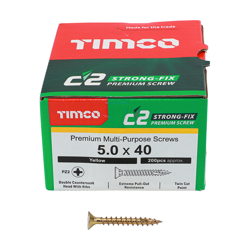 C2 Strong-Fix PZ2 CSK ZYP 5.0 x 40 - 200 P 200 PCS - Box 50040C2, TIMCO, C2, STRONGFIX, MULTIPURPOSE, PREMIUM, COUNTERSUNK, GOLD, WOODSCREWS, 5.0, X, 40A, PREMIUM, MULTIMATERIAL, SCREW, C2, TWINCUT, TECHNOLOGY, DUAL, ANGLE, FULL