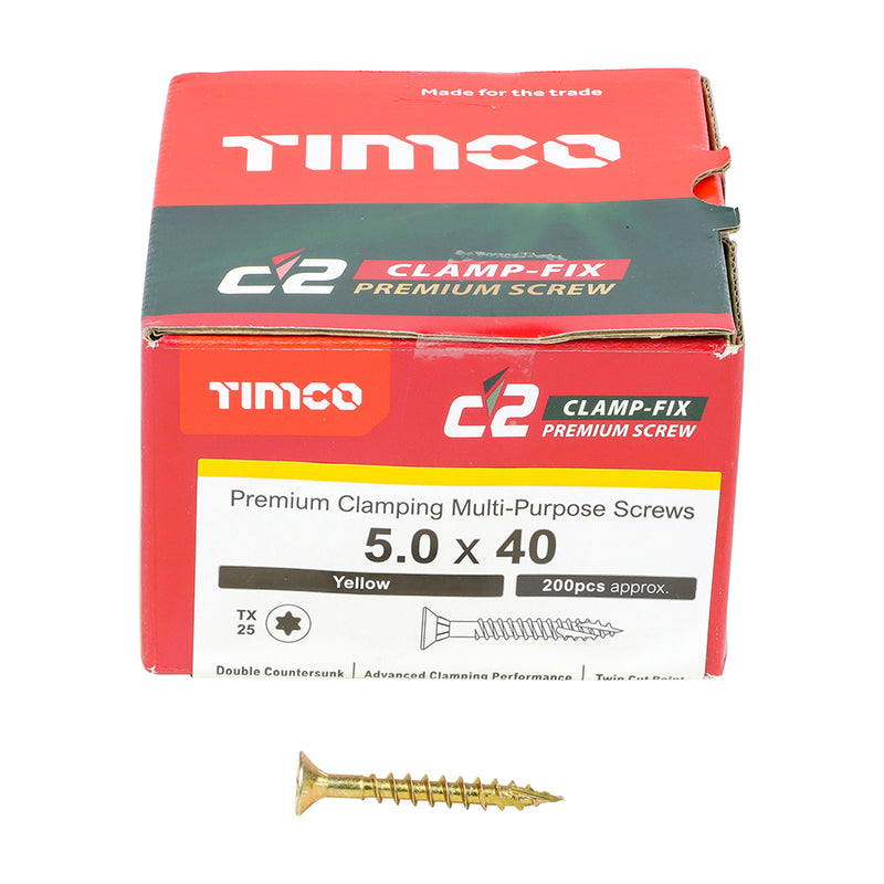 C2 Clamp-Fix TX25 CSK ZYP 5.0 x 40 - 200 P  50040C2C, TIMCO, C2, CLAMPFIX, MULTIPURPOSE, PREMIUM, COUNTERSUNK, GOLD, WOODSCREWS, 5.0, X, 40A, PREMIUM, MULTIMATERIAL, SCREW, C2, TWINCUT, TECHNOLOGY, DUAL, ANGLE, PARTIAL