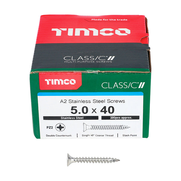 Classic Screw PZ2 CSK A2 SS 5.0 x 40 - 200 200 PCS - Box 50040CLASS, TIMCO, CLASSIC, MULTIPURPOSE, COUNTERSUNK, A2, STAINLESS, STEEL, WOODCREWS, 5.0, X, 40ALL, SUPERIOR, PERFORMANCE, CLASSIC, MULTIPURPOSE, SCREW, MANUFACTURED, A2, STAINLESS