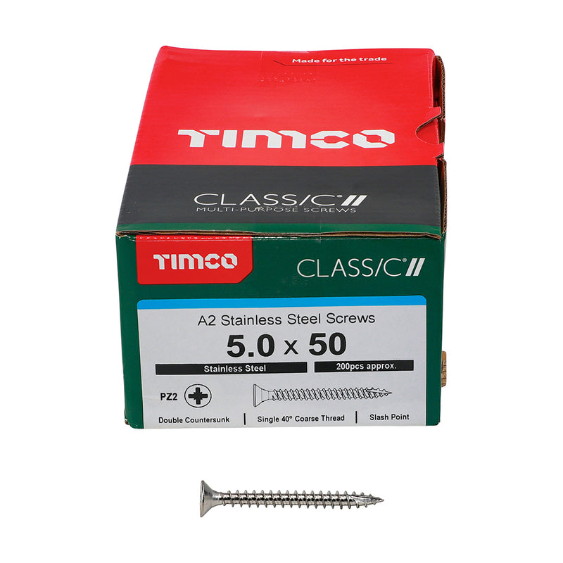 Classic Screw PZ2 CSK A2 SS 5.0 x 50 - 200 200 PCS - Box 50050CLASS, TIMCO, CLASSIC, MULTIPURPOSE, COUNTERSUNK, A2, STAINLESS, STEEL, WOODCREWS, 5.0, X, 50ALL, SUPERIOR, PERFORMANCE, CLASSIC, MULTIPURPOSE, SCREW, MANUFACTURED, A2, STAINLESS