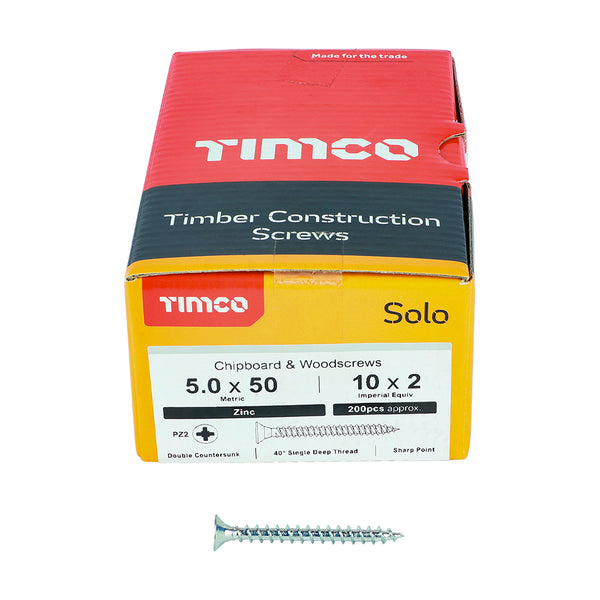 Solo Woodscrew PZ2 CSK Zinc 5.0 x 50 - 200 200 PCS - Box 50050SOLOZ, TIMCO, SOLO, COUNTERSUNK, SILVER, WOODSCREWS, 5.0, X, 50A, SINGLE, THREAD, WOODSCREW, MAINLY, USED, VARIOUS, TYPES, TIMBER, MANMADE, BOARDS, MASONRY, USE