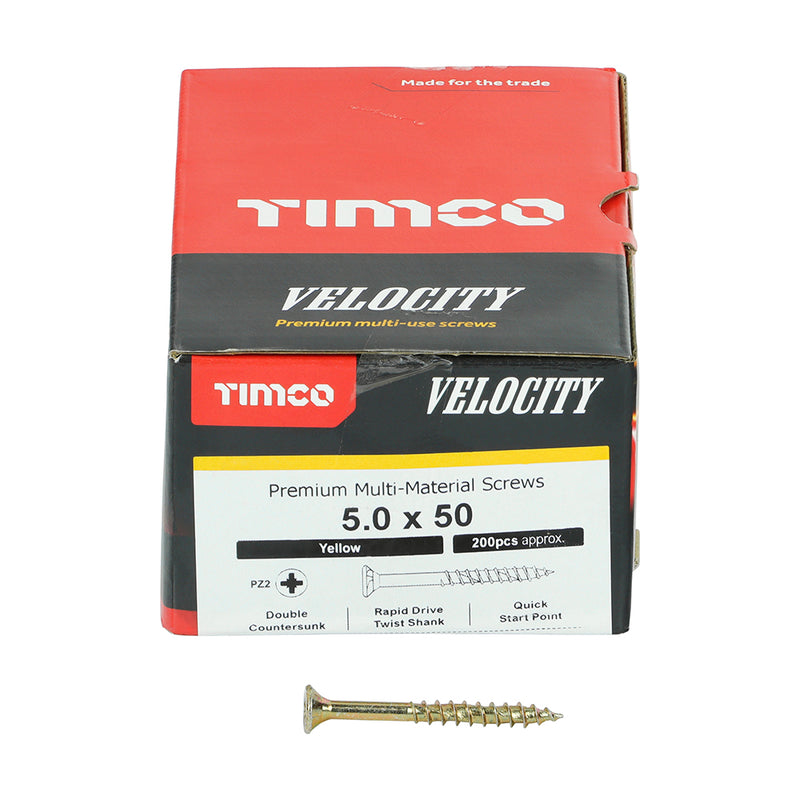 Velocity Screw PZ2 CSK ZYP 5.0 x 50 - 200 200 PCS - Box 50050VY, TIMCO, VELOCITY, PREMIUM, MULTIUSE, COUNTERSUNK, GOLD, WOODSCREWS, 5.0, X, 50THE, UNIQUE, PATENTED, VELOCITY, SCREW, SPECIFICALLY, DESIGNED, GIVE, RAPID, INSTALLATION