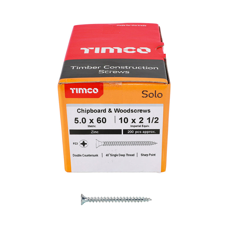 Solo Woodscrew PZ2 CSK Zinc 5.0 x 60 - 200 200 PCS - Box 50060SOLOZ, TIMCO, SOLO, COUNTERSUNK, SILVER, WOODSCREWS, 5.0, X, 60A, SINGLE, THREAD, WOODSCREW, MAINLY, USED, VARIOUS, TYPES, TIMBER, MANMADE, BOARDS, MASONRY, USE