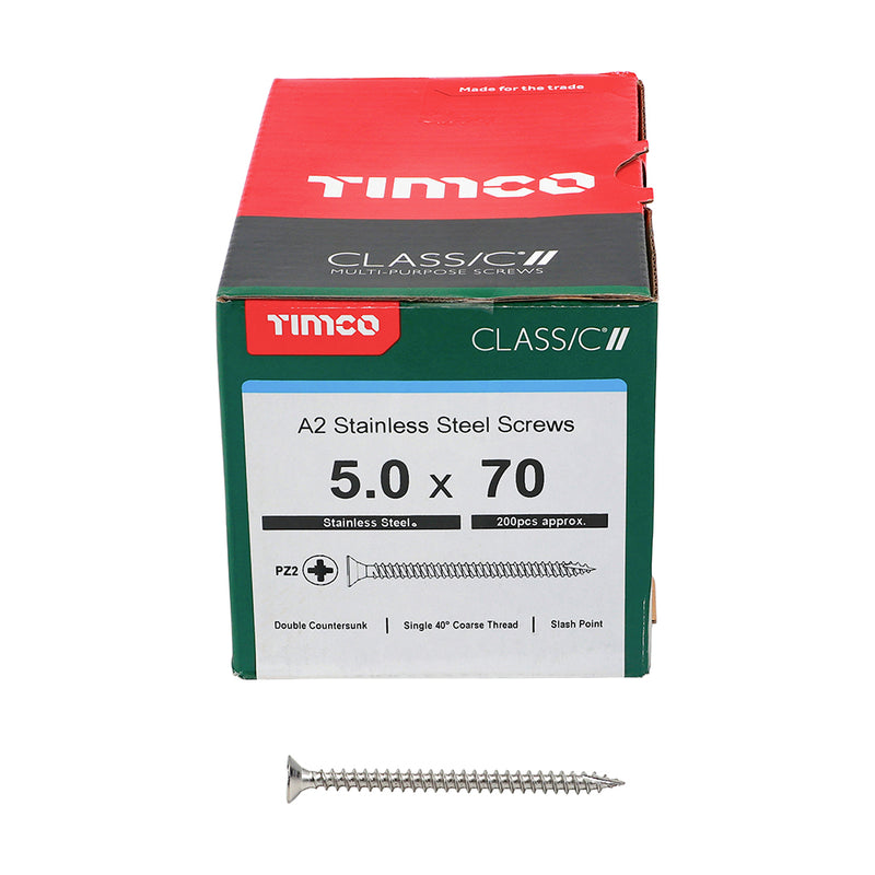 Classic Screw PZ2 CSK A2 SS 5.0 x 70 - 200 200 PCS - Box 50070CLASS, TIMCO, CLASSIC, MULTIPURPOSE, COUNTERSUNK, A2, STAINLESS, STEEL, WOODCREWS, 5.0, X, 70ALL, SUPERIOR, PERFORMANCE, CLASSIC, MULTIPURPOSE, SCREW, MANUFACTURED, A2, STAINLESS