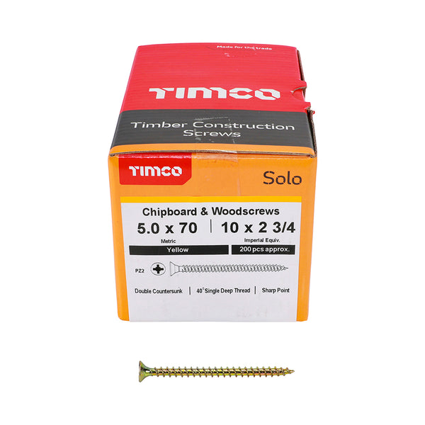 Solo Woodscrew PZ2 CSK ZYP 5.0 x 70 - 200 200 PCS - Box 50070SOLOC, TIMCO, SOLO, COUNTERSUNK, GOLD, WOODSCREWS, 5.0, X, 70A, SINGLE, THREAD, WOODSCREW, MAINLY, USED, VARIOUS, TYPES, TIMBER, MANMADE, BOARDS, MASONRY, USE