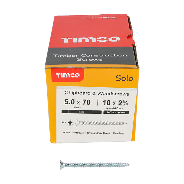 Solo Woodscrew PZ2 CSK Zinc 5.0 x 70 - 200 200 PCS - Box 50070SOLOZ, TIMCO, SOLO, COUNTERSUNK, SILVER, WOODSCREWS, 5.0, X, 70A, SINGLE, THREAD, WOODSCREW, MAINLY, USED, VARIOUS, TYPES, TIMBER, MANMADE, BOARDS, MASONRY, USE