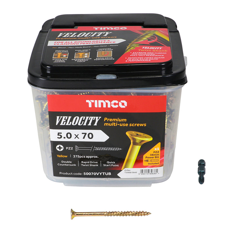 Velocity Screw PZ2 CSK ZYP 5.0 x 70 - 375 PZ - Double Countersunk - Yellow 50070VYTUB, TIMCO, VELOCITY, PREMIUM, MULTIUSE, COUNTERSUNK, GOLD, WOODSCREWS, 5.0, X, 70THE, UNIQUE, PATENTED, VELOCITY, SCREW, SPECIFICALLY, DESIGNED, GIVE, RAPID, INSTALLATION
