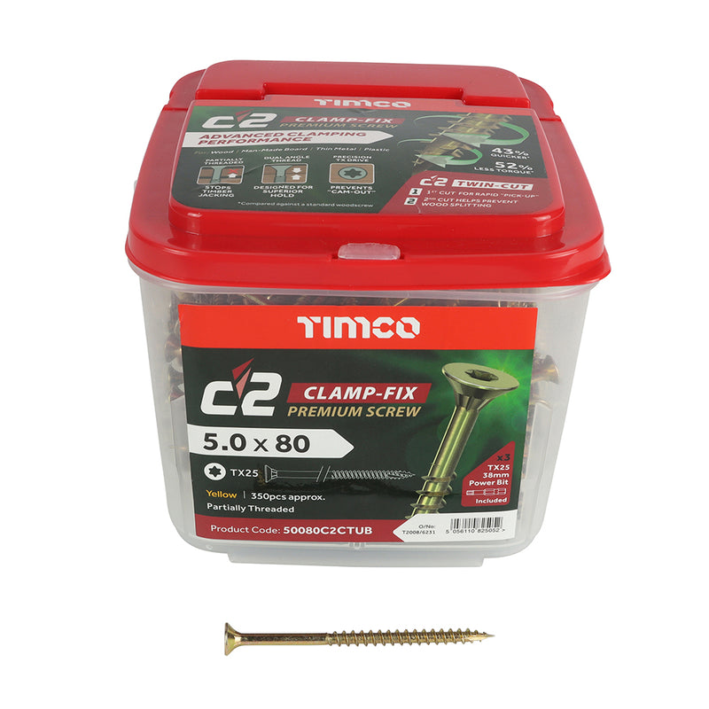 C2 Clamp-Fix TX25 CSK ZYP 5.0 x 80 - 350 P  50080C2CTUB, TIMCO, C2, CLAMPFIX, MULTIPURPOSE, PREMIUM, COUNTERSUNK, GOLD, WOODSCREWS, 5.0, X, 80A, PREMIUM, MULTIMATERIAL, SCREW, C2, TWINCUT, TECHNOLOGY, DUAL, ANGLE, PARTIAL