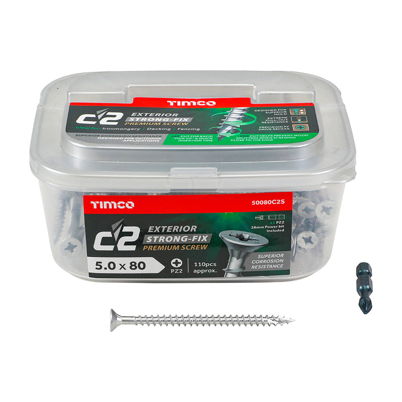 C2 Strong-Fix Exterior PZ2 CSK 5.0 x 80 - 110 PCS - Tub 50080C2S, TIMCO, C2, EXTERIOR, MULTIPURPOSE, PREMIUM, COUNTERSUNK, SILVER, WOODSCREWS, 5.0, X, 80ALL, SUPERIOR, PERFORMANCE, C2, SCREW, COMPLETE, ORGANIC, PLATING, OPTIMAL, CORROSION