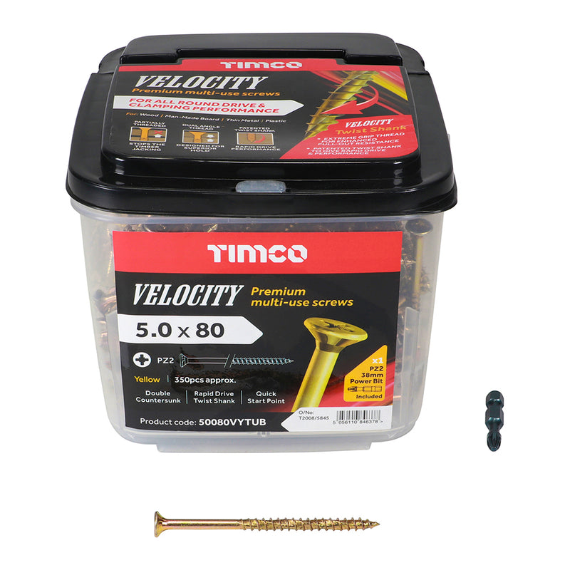 Velocity Screw PZ2 CSK ZYP 5.0 x 80 - 350 PZ - Double Countersunk - Yellow 50080VYTUB, TIMCO, VELOCITY, PREMIUM, MULTIUSE, COUNTERSUNK, GOLD, WOODSCREWS, 5.0, X, 80THE, UNIQUE, PATENTED, VELOCITY, SCREW, SPECIFICALLY, DESIGNED, GIVE, RAPID, INSTALLATION