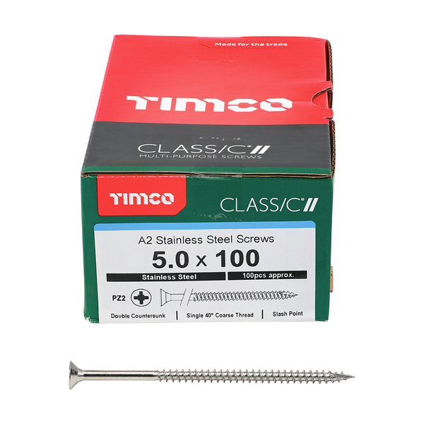 Classic Screw PZ2 CSK A2 SS 5.0 x 100 - 10 100 PCS - Box 50100CLASS, TIMCO, CLASSIC, MULTIPURPOSE, COUNTERSUNK, A2, STAINLESS, STEEL, WOODCREWS, 5.0, X, 100ALL, SUPERIOR, PERFORMANCE, CLASSIC, MULTIPURPOSE, SCREW, MANUFACTURED, A2, STAINLESS