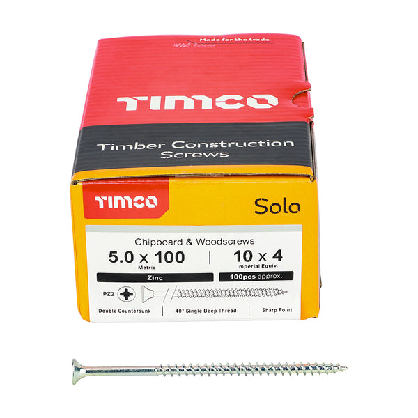 Solo Woodscrew PZ2 CSK Zinc 5.0 x 100 - 10 100 PCS - Box 50100SOLOZ, TIMCO, SOLO, COUNTERSUNK, SILVER, WOODSCREWS, 5.0, X, 100A, SINGLE, THREAD, WOODSCREW, MAINLY, USED, VARIOUS, TYPES, TIMBER, MANMADE, BOARDS, MASONRY, USE