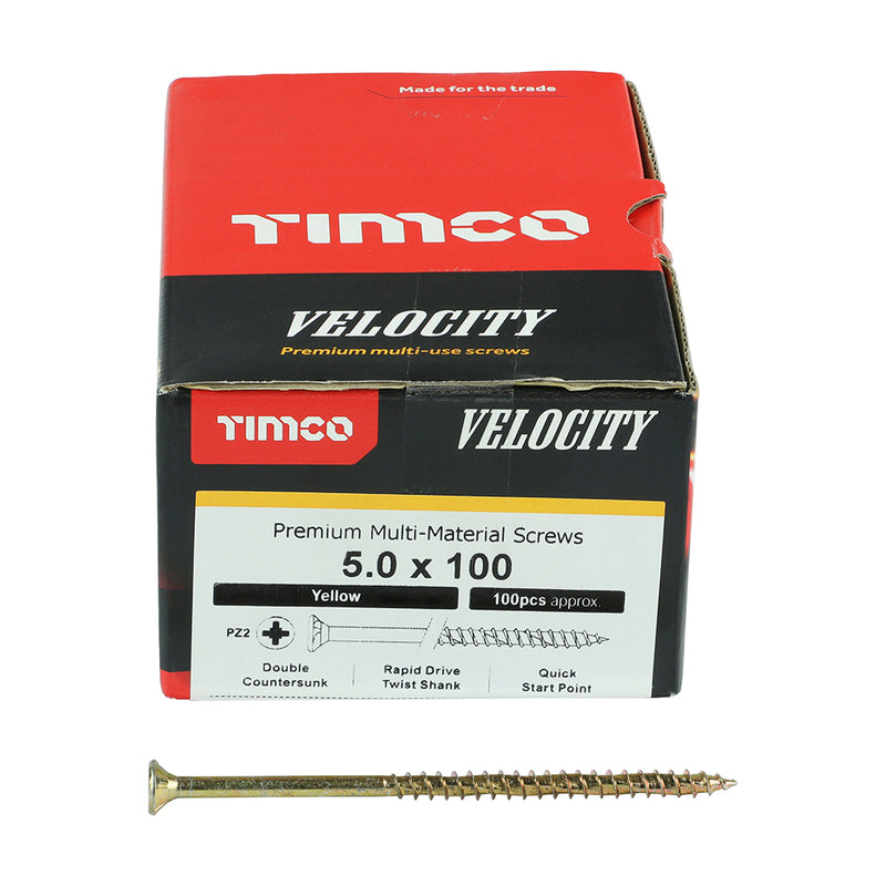 Velocity Screw PZ2 CSK ZYP 5.0 x 100 - 100 100 PCS - Box 50100VY, TIMCO, VELOCITY, PREMIUM, MULTIUSE, COUNTERSUNK, GOLD, WOODSCREWS, 5.0, X, 100THE, UNIQUE, PATENTED, VELOCITY, SCREW, SPECIFICALLY, DESIGNED, GIVE, RAPID, INSTALLATION