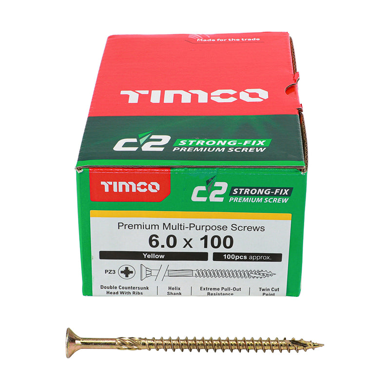 C2 Strong-Fix PZ3 CSK ZYP 6.0 x 100 - 100 100 PCS - Box 60100C2, TIMCO, C2, STRONGFIX, MULTIPURPOSE, PREMIUM, COUNTERSUNK, GOLD, WOODSCREWS, 6.0, X, 100A, PREMIUM, MULTIMATERIAL, SCREW, C2, TWINCUT, TECHNOLOGY, DUAL, ANGLE, FULL