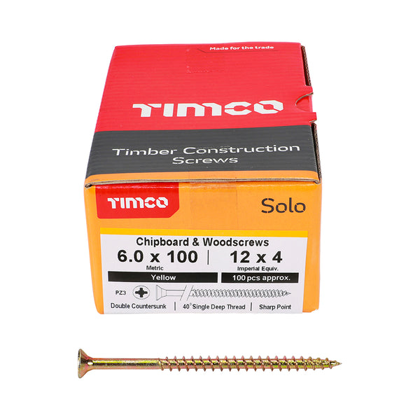 Solo Woodscrew PZ3 CSK ZYP 6.0 x 100 - 100 100 PCS - Box 60100SOLOC, TIMCO, SOLO, COUNTERSUNK, GOLD, WOODSCREWS, 6.0, X, 100A, SINGLE, THREAD, WOODSCREW, MAINLY, USED, VARIOUS, TYPES, TIMBER, MANMADE, BOARDS, OR, MASONRY