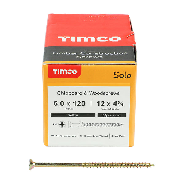 Solo Woodscrew PZ3 CSK ZYP 6.0 x 120 - 100 100 PCS - Box 60120SOLOC, TIMCO, SOLO, COUNTERSUNK, GOLD, WOODSCREWS, 6.0, X, 120A, SINGLE, THREAD, WOODSCREW, MAINLY, USED, VARIOUS, TYPES, TIMBER, MANMADE, BOARDS, OR, MASONRY
