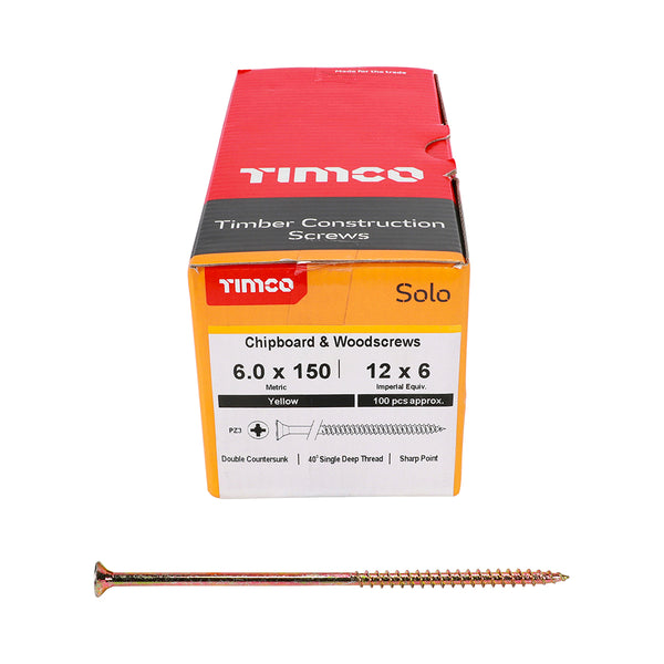 Solo Woodscrew PZ3 CSK ZYP 6.0 x 150 - 100 100 PCS - Box 60150SOLOC, TIMCO, SOLO, COUNTERSUNK, GOLD, WOODSCREWS, 6.0, X, 150A, SINGLE, THREAD, WOODSCREW, MAINLY, USED, VARIOUS, TYPES, TIMBER, MANMADE, BOARDS, OR, MASONRY