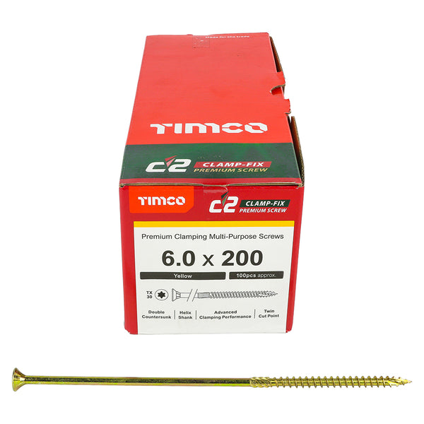 C2 Clamp-Fix TX30 CSK ZYP 6.0 x 200 - 100  60200C2C, TIMCO, C2, CLAMPFIX, MULTIPURPOSE, PREMIUM, COUNTERSUNK, GOLD, WOODSCREWS, 6.0, X, 200A, PREMIUM, MULTIMATERIAL, SCREW, C2, TWINCUT, TECHNOLOGY, DUAL, ANGLE, PARTIAL