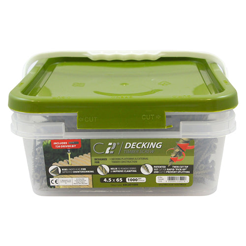 C2 Deck-Fix TX20 CSK GRN TUB 4.5 x 65 - 10 1000 PCS - Tub 65C2D1000, TIMCO, C2, DECKFIX, PREMIUM, COUNTERSUNK, GREEN, DECKING, SCREWS, 4.5, X, 65A, PREMIUM, DECKING, SCREW, C2, TWINCUT, TECHNOLOGY, COATED, PATENTED, MULTILAYER