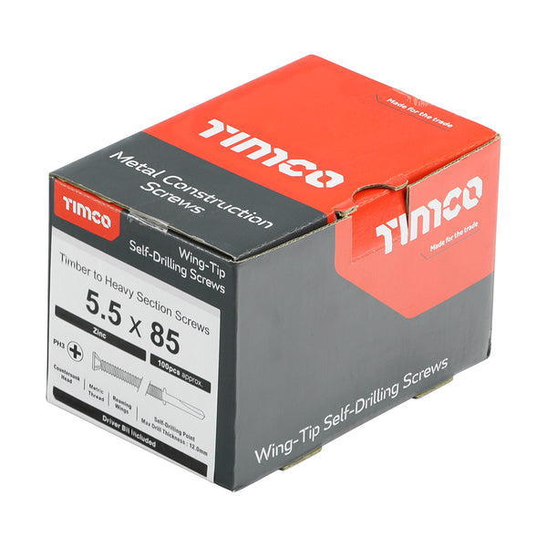WingTip Screw S/DRILL No4 Zinc 5.5 x 85 - 100 PCS - Box HW85B, TIMCO, SELFDRILLING, WINGTIP, STEEL, TIMBER, HEAVY, SECTION, SILVER, SCREWS, , 5.5, X, 85SPECIFICALLY, DESIGNED, TO, ATTACH, WOOD, TO, HEAVY, SECTION