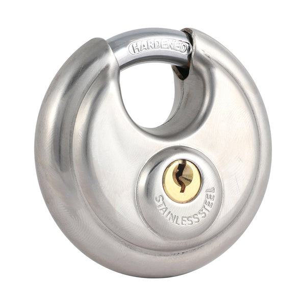 Disc Padlock 70mm - 1 EA (Blister Pack) 1 EA - Blister Pack DP70, TIMCO, STAINLESS, STEEL, DISC, PADLOCK, 70MMA, CORROSION, RESISTANT, HIGH, SECURITY, PADLOCK, USED, SECURING, CHAIN, CATCHES, RISK, CROPPING, ATTACKS, IDEAL, FOR