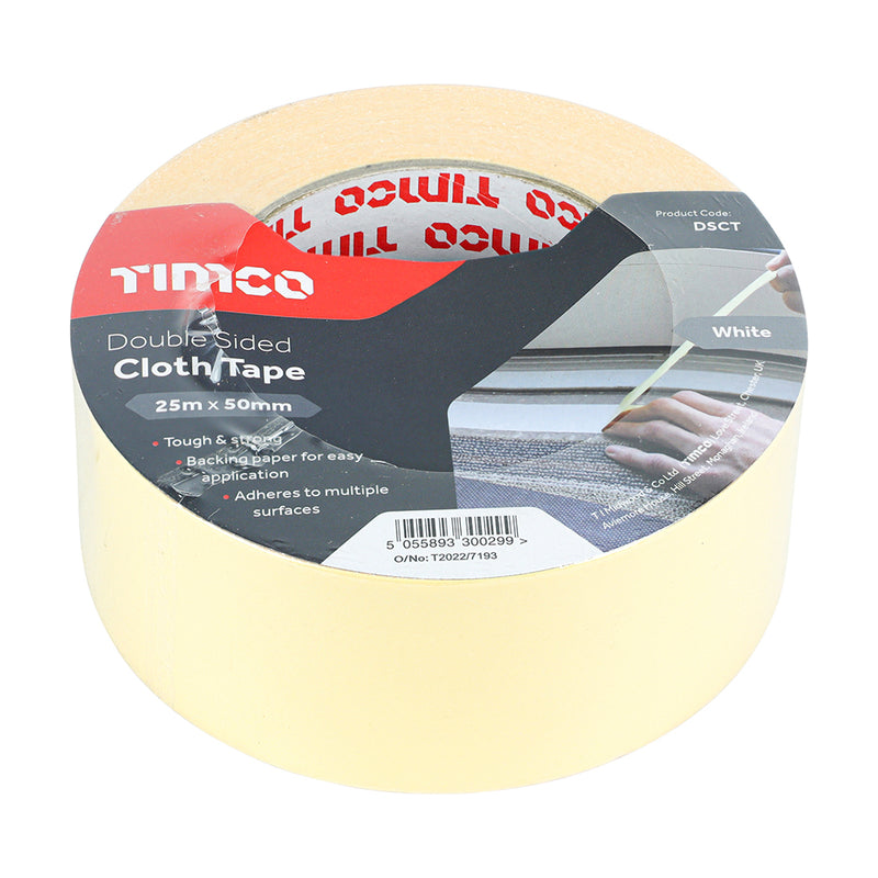 Double Sided Cloth Tape 25m x 50mm - 1 EA 1 EA - Roll DSCT, TIMCO, DOUBLE, SIDED, CLOTH, TAPE, WHITE, 25M, X, 50MMA, STRONG, DOUBLE, SIDED, CLOTH, TAPE, DESIGNED, STICK, TWO, SURFACES, TOGETHER, INVISIBLE