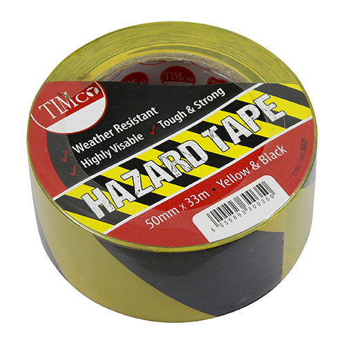 Hazard Tape Yellow & Black 33m x 50mm - 1 1 EA - Roll HAZT, TIMCO, HAZARD, TAPE, YELLOW, , BLACK, 33M, X, 50MMA, DURABLE, SELF, ADHESIVE, PVC, HAZARD, TAPE, IDEAL, MARKING, FLOORS, WALLS