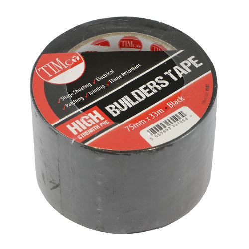 HS Builders Tape Black 33m x 75mm - 1 EA ( 1 EA - Roll HSBT, TIMCO, HIGH, STRENGTH, PVC, BUILDER'S, TAPE, 33M, X, 75MMA, STRONG, VERSATILE, PVC, TAPE, USED, JOINTING, PVC, POLYTHENE, SHEETS, AND, MEMBRANES.